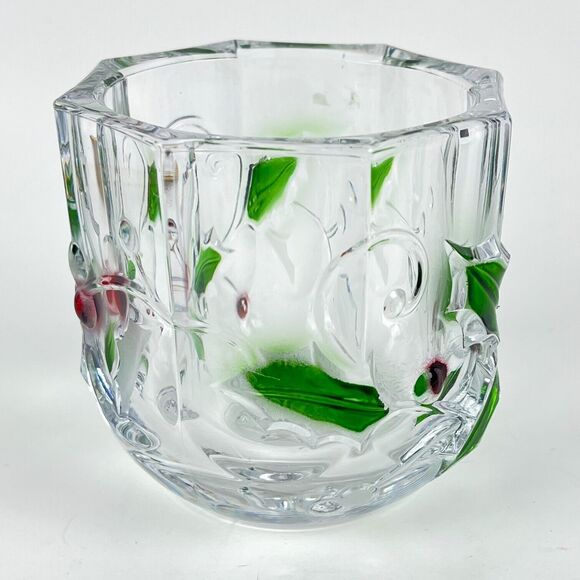 Mikasa Glass Votive Candle embossed Red green Holly berries Christmas home decor - Picture 3 of 9